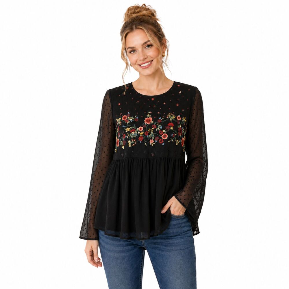 ZARA TRAFALUC COLLECTION Womens S BLACK Top Embroidered Babydoll Open Back Tie